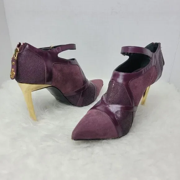 Roberto Cavalli Women's Stingray Purple Leather Bootie Heel Shoes Size 6.5 - Picture 5 of 11